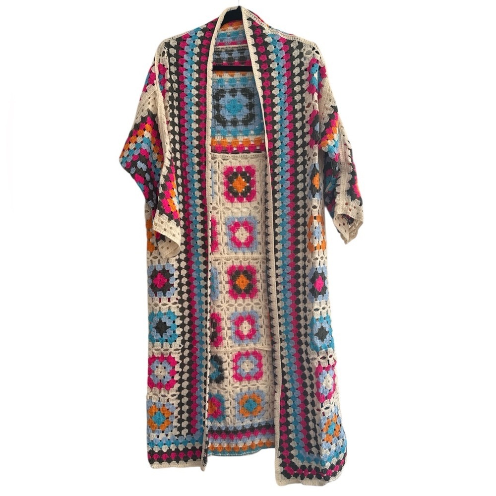 POL Crochet Knit One Size Duster Cardigan Open-Front Colorful Granny Square